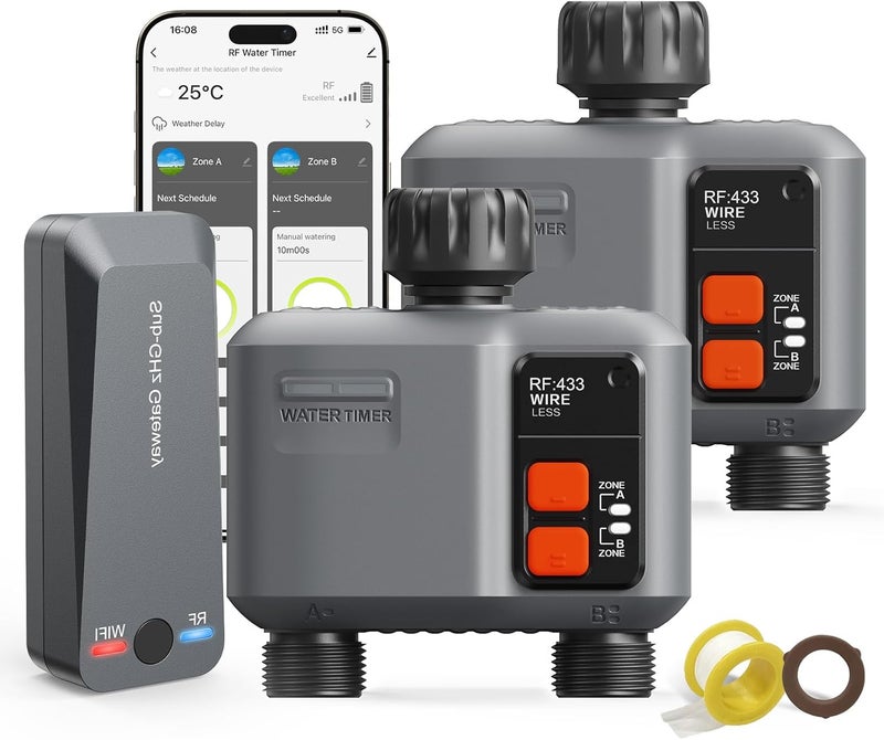 johgee WiFi Sprinkler Timer 2 Zone with 984 Feet RF Gateway, 2 Pack Smart Water Timer for Garden Hose with Rain Delay/Manual/Automatic,WiFi Water Hose Timers for Garden & Lawns - Image 1